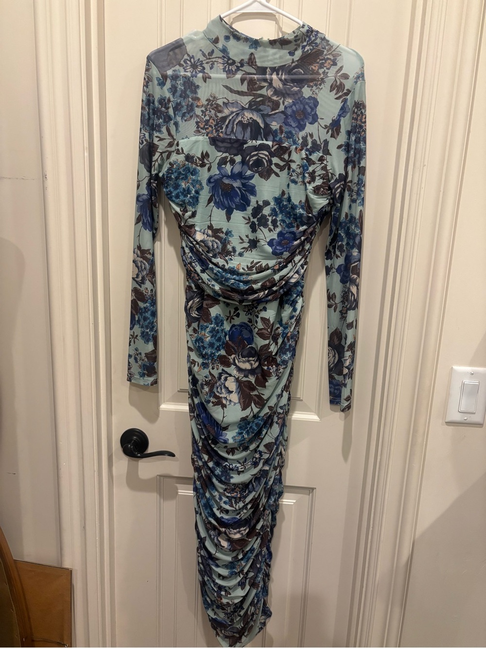 Lulu's Sky Blue Floral Long-Sleeve Ruched Midi Dress